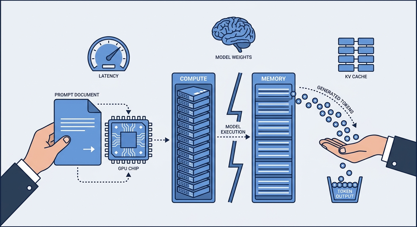 Flat vector illustration of hands feeding a prompt into a GPU split between compute and memory, with token circles streaming out